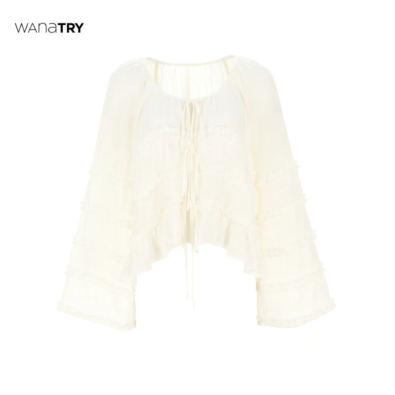 【小白精选】Wana Try奶白色木耳花边装饰喇叭袖系带开衫【达人】