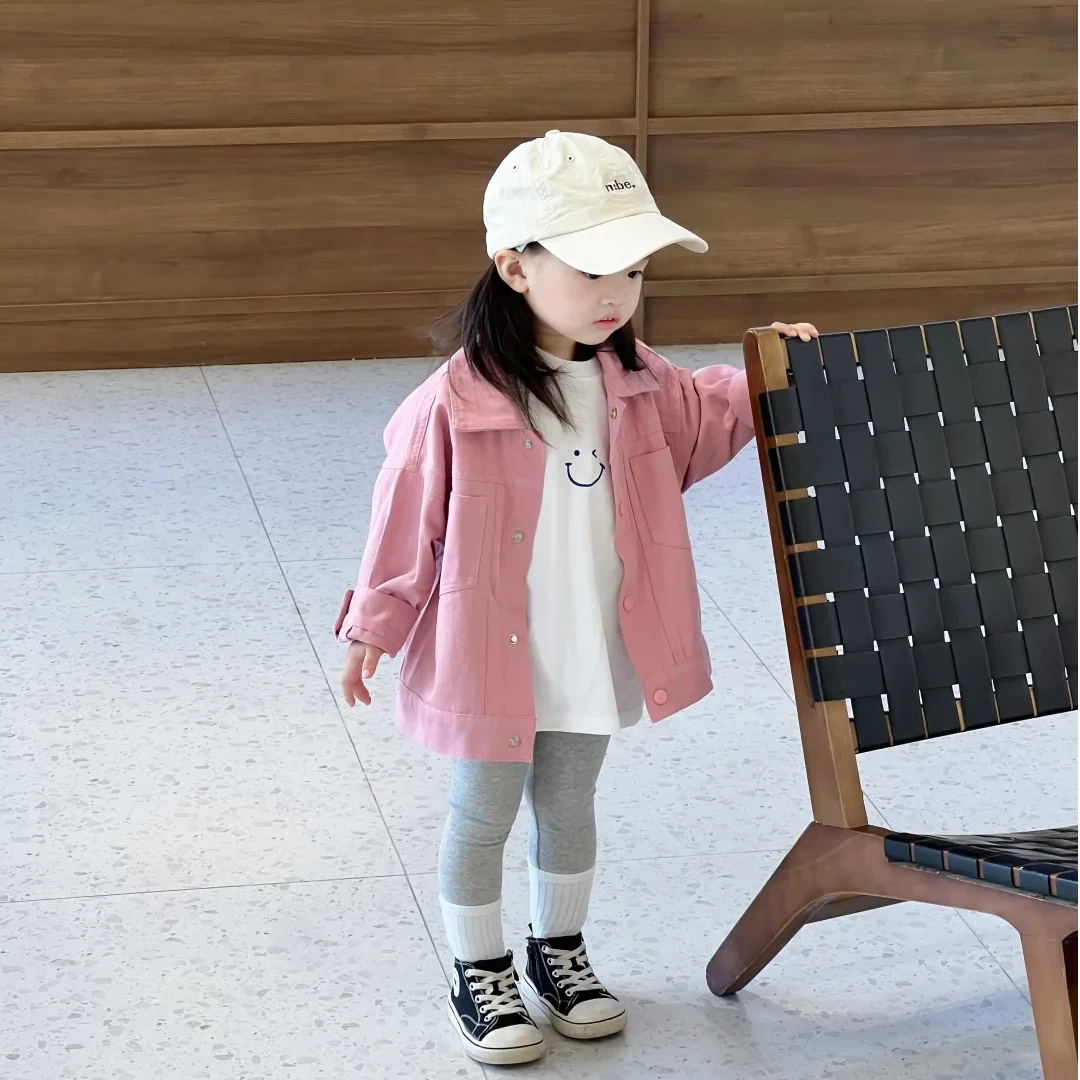 壹妈童装女童秋季薄款粉色牛仔外套休闲洋气笑脸长袖上衣套装时髦