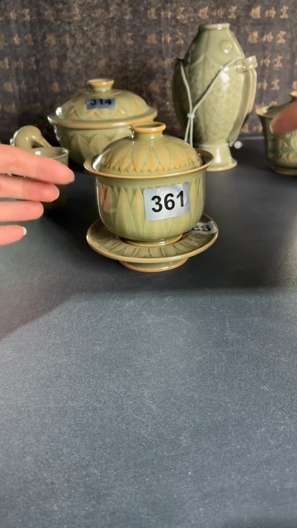 耀州窑仰山莲瓣盖碗+杯托361