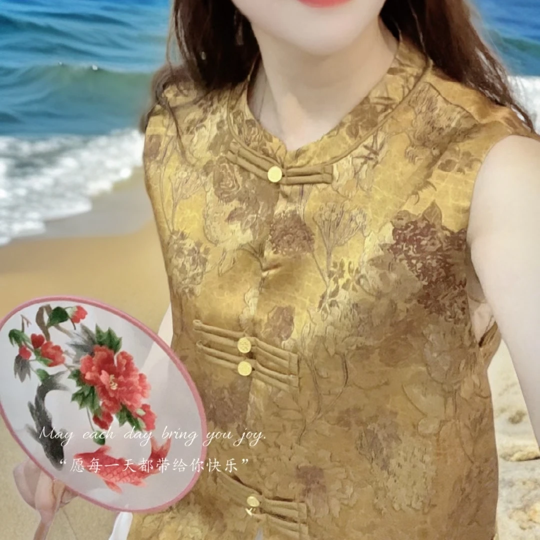 越越网红圆领免烫中国风马夹蚕蚕提8803花上衣秋季马甲常规款百搭