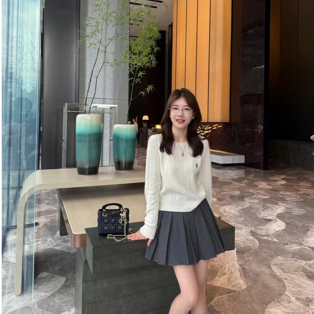 【李金贤】100%羊毛老钱风绞麻花肌理长袖针织衫女刺绣圆领长袖上衣