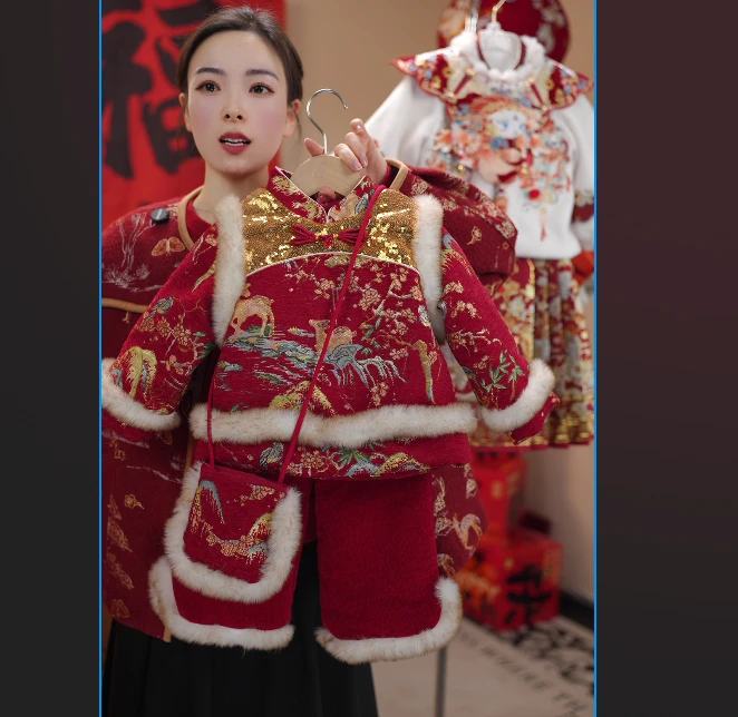 【陌未央】金枝女童古风中国风加绒汉元素绣花冬季拜年服中式儿童