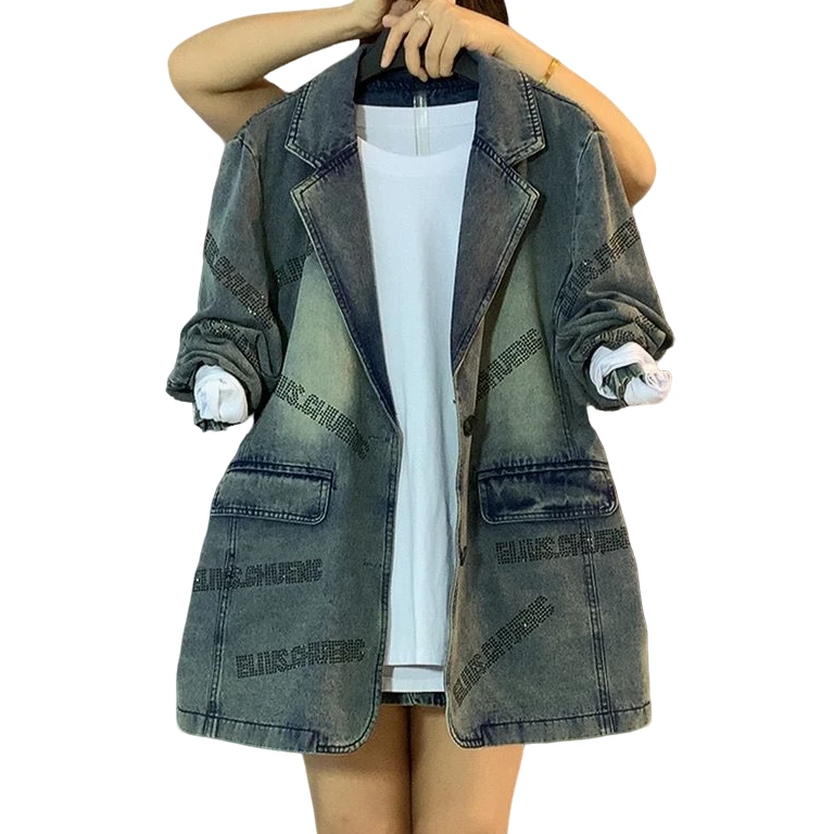 大维罗依LTQ春季新款烫钻休闲水洗牛仔西服