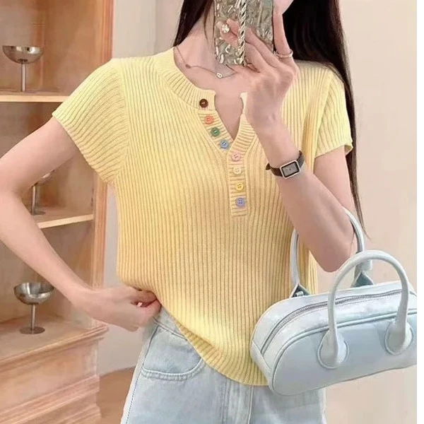 韩系v领彩色纽扣冰丝短袖针织衫女2025新款夏季薄款宽松显瘦上衣