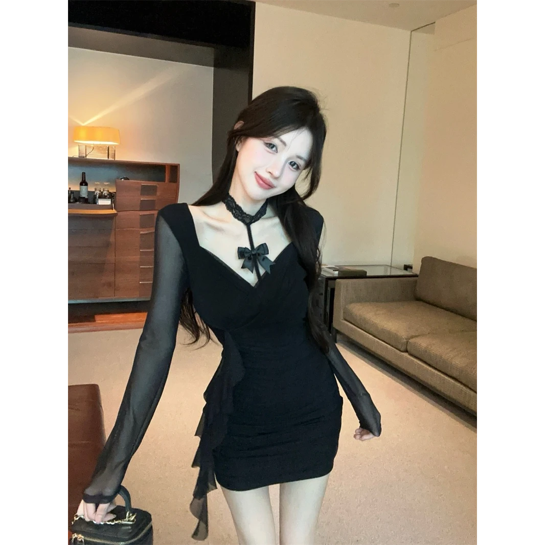 法式辣妹小众网纱拼接蕾丝挂脖蝴蝶结不规则修身连衣裙清冷系衣服