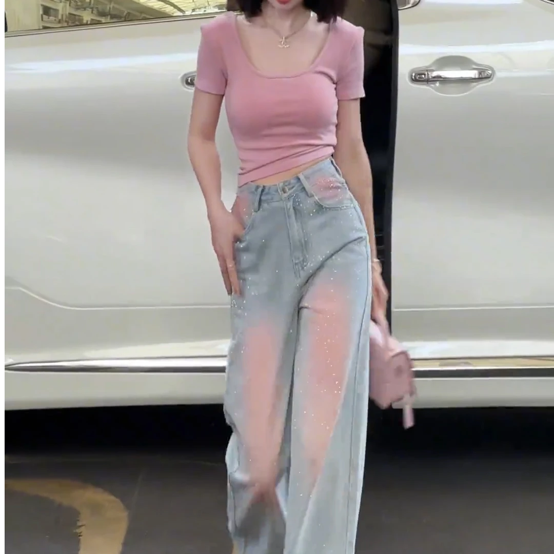 2025夏季新款韩版设计感网红炸街时尚套装休闲T恤牛仔裤两件套潮