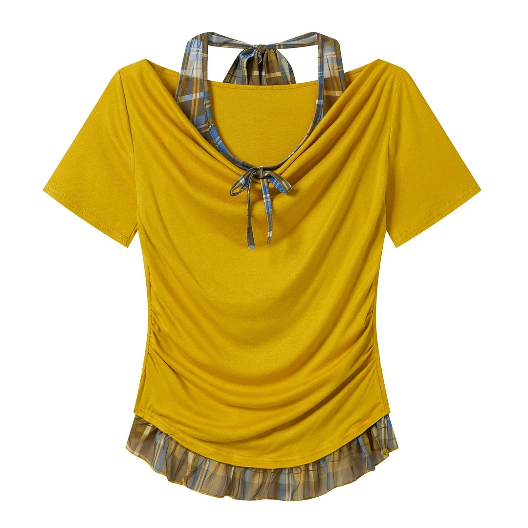 羊城故事-假两件格子荡领挂脖短袖t恤女2025新款慵懒修身上衣6695