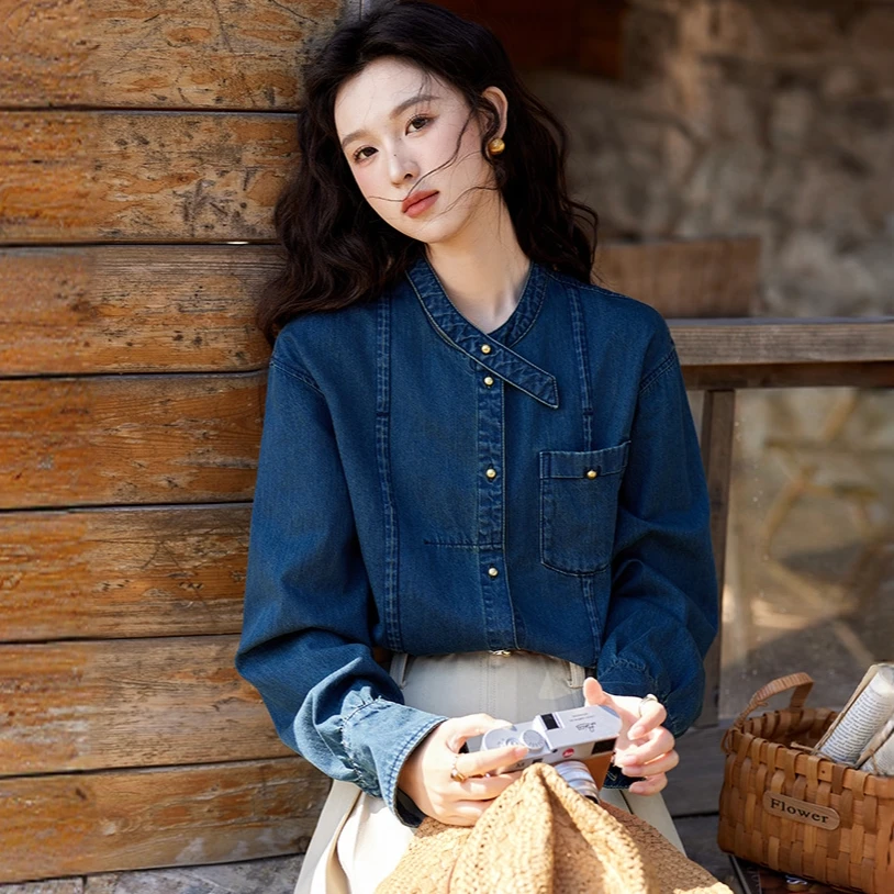 小个子牛仔衬衫女2025秋季新款法式复古长袖设计感宽松衬衣上衣