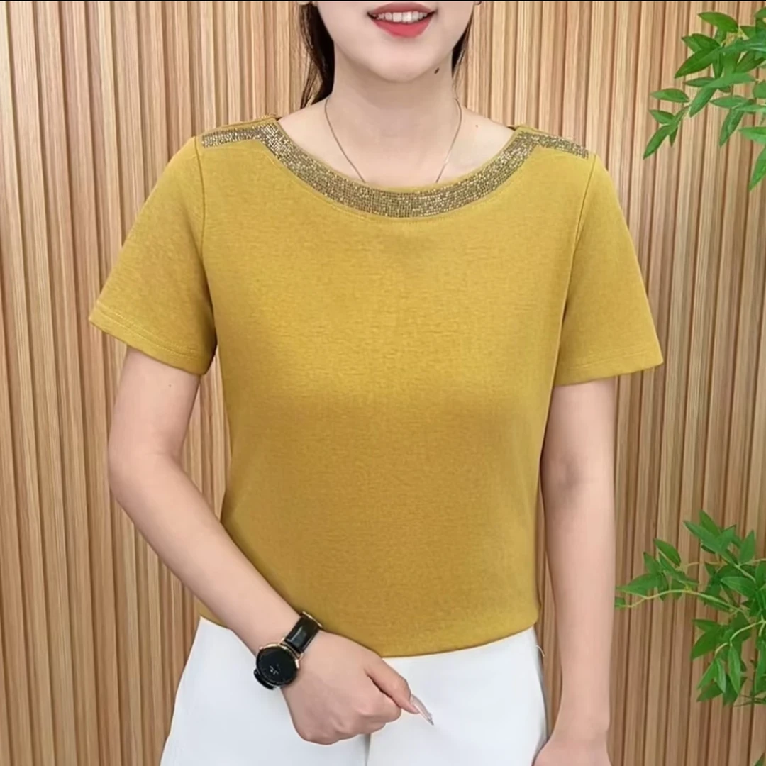 2025夏季时尚潮流新款简约烫钻纯色简约圆领百搭显瘦短袖