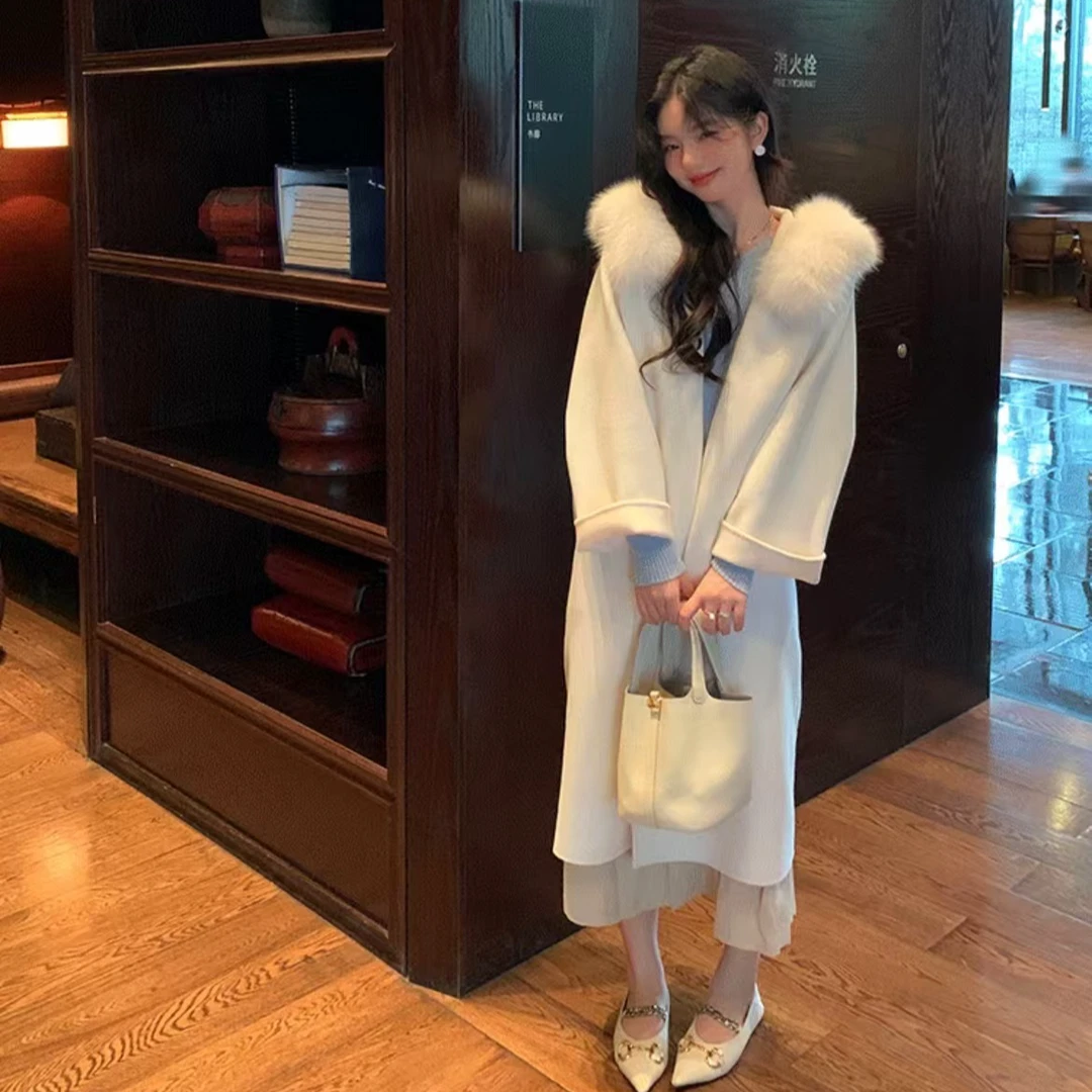 2024高级感狐狸毛领毛呢子外套秋冬新款双面羊毛羊毛大衣女连帽