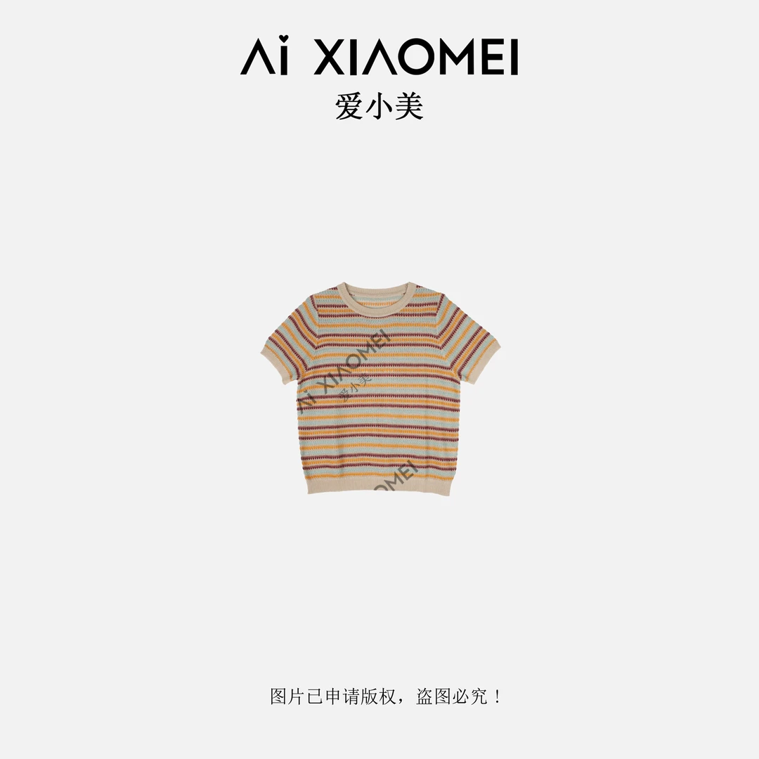 Aixiaomei/爱小美【虹之间】条纹撞色天丝亚麻短袖针织衫SY-2546