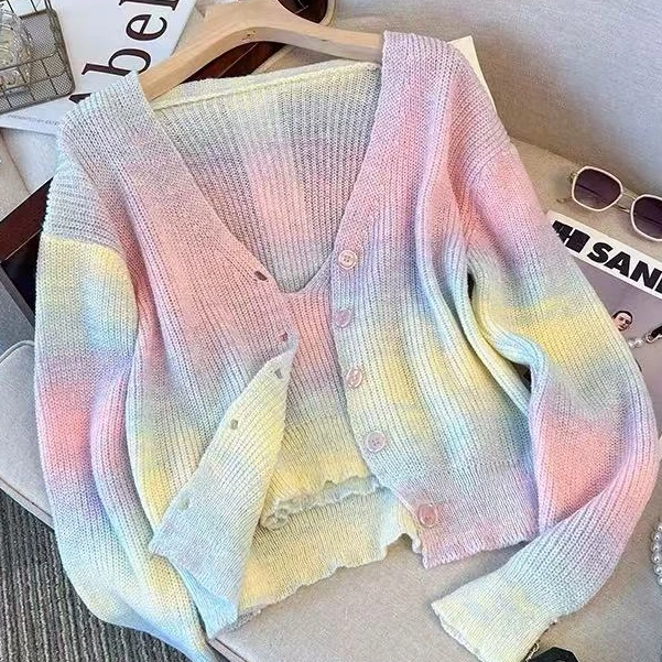 渐变色毛衣针织开衫女春秋新款外披吊带背心两件套#2503