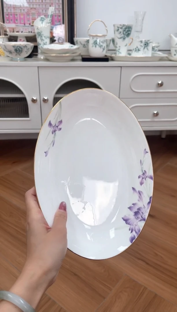 碗高骨骨瓷紫鸢椭圆盘