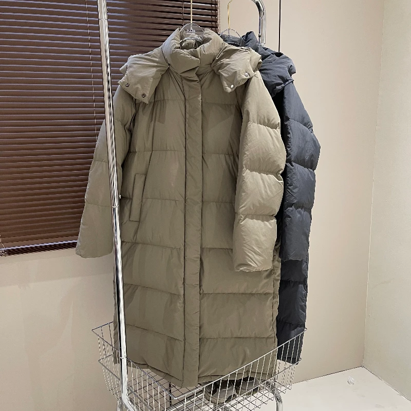 爱丽家23015新款气质百搭纯色通勤韩系立领连帽长款羽绒服