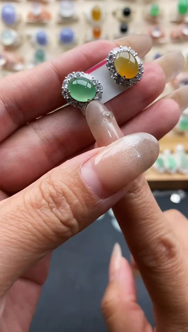 银S925镶嵌戒指翡翠缅甸天然A货翡翠2 4-8