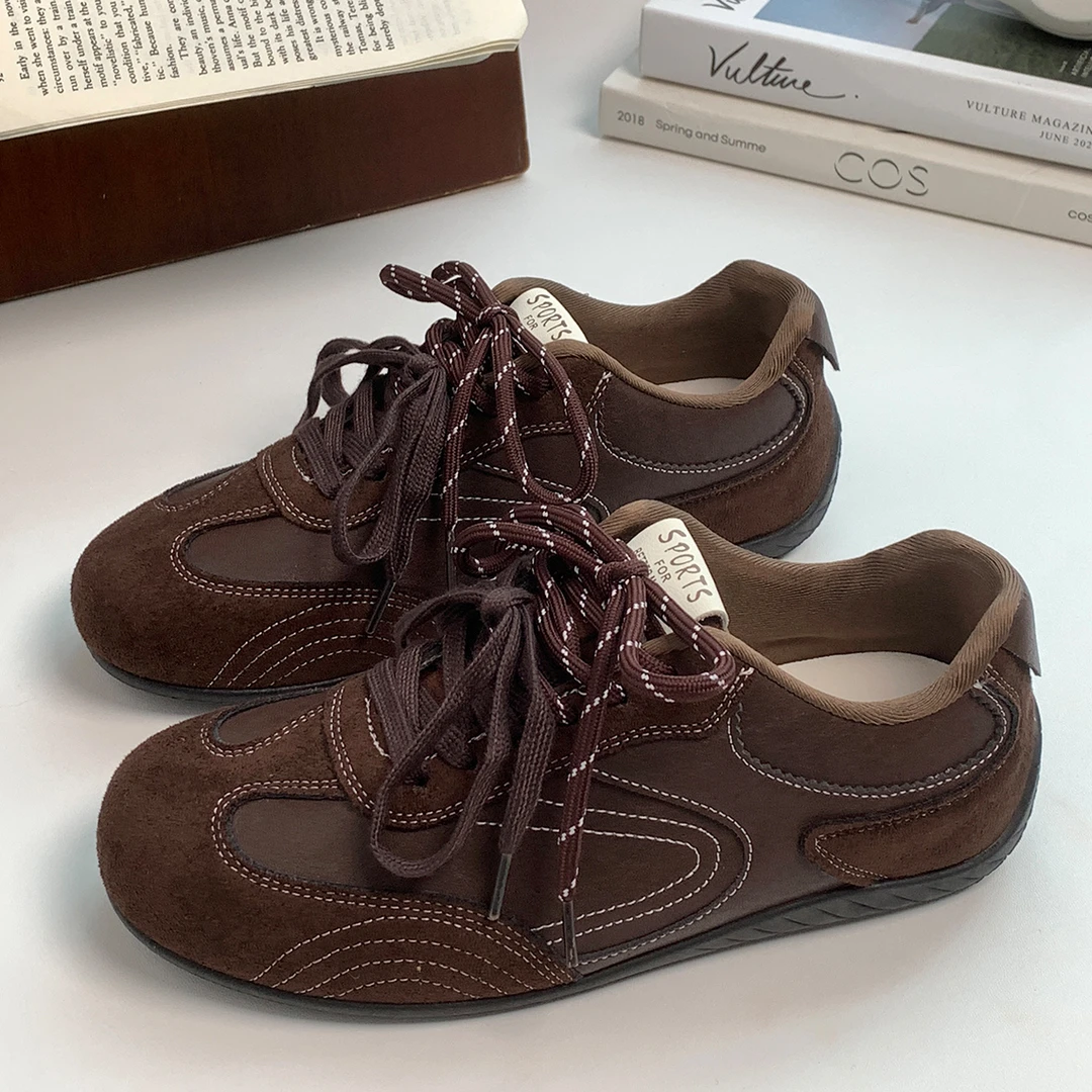 巧克力色双系带德训鞋女2025秋新款纯色软底舒适阿甘鞋百搭休闲鞋