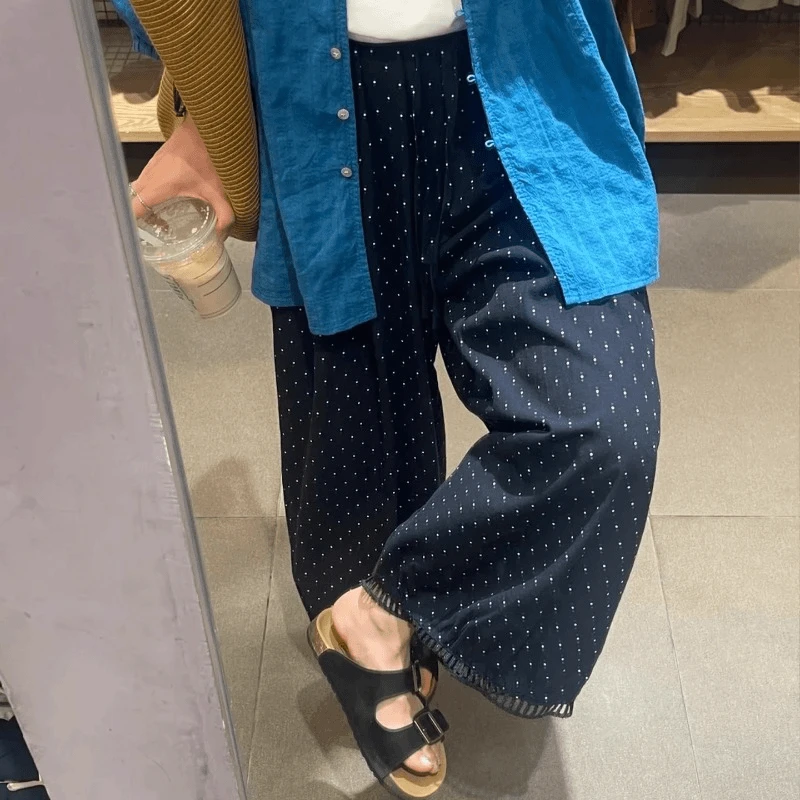 夏薄款藏青色波点九分裤直筒阔腿休闲裤女大码梨型遮胯显瘦灯笼裤