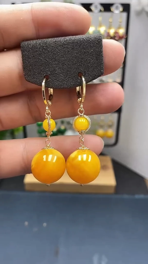 银S925镀金镶嵌蜜蜡耳饰尺寸16mm耳扣D1