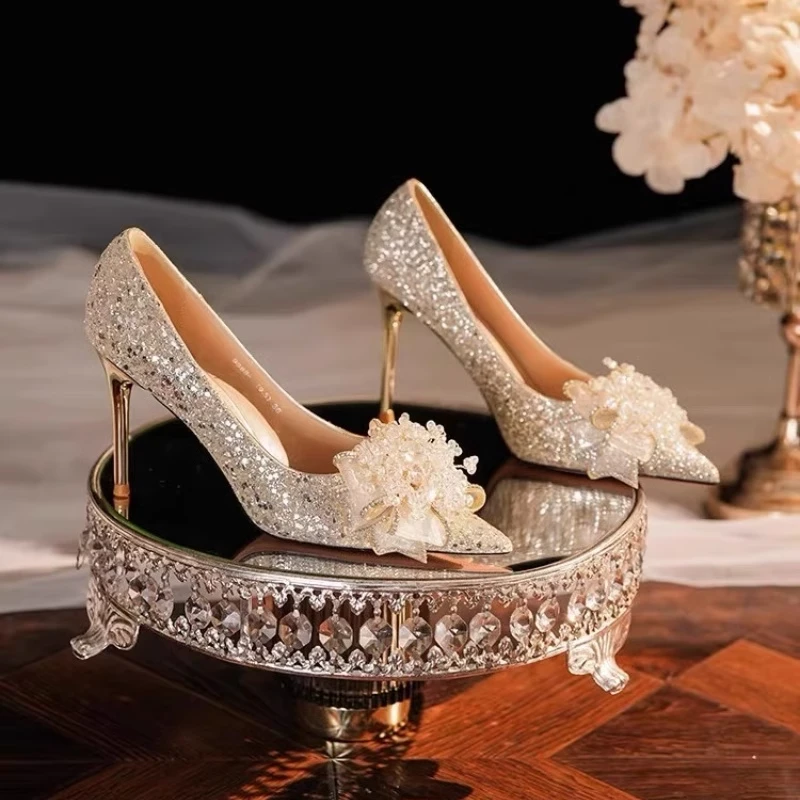 主婚纱鞋秀禾婚纱两穿新娘鞋女2025新款金色水晶高跟鞋不累脚细跟