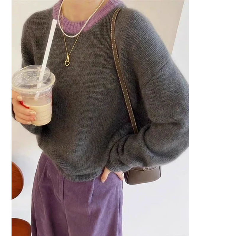 新款女撞色慵懒风羊毛衫气质拼色宽松圆领毛衣秋冬百搭针织打底衫