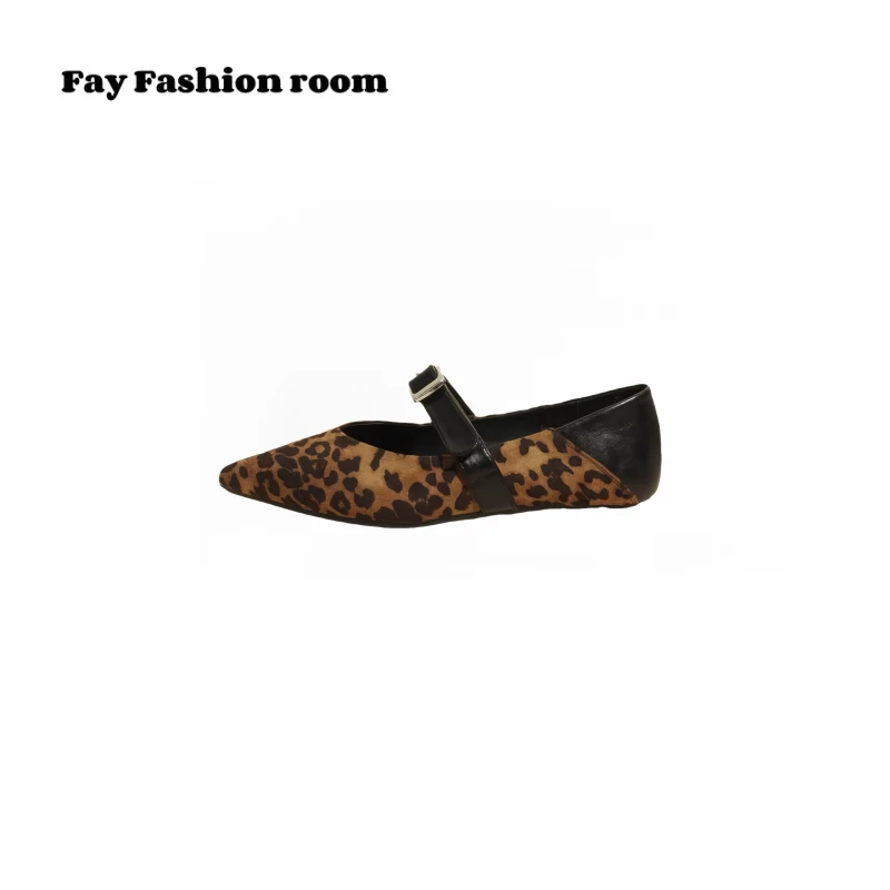 “踩跟两穿” 复古豹纹尖头3公分内增高一字带单鞋