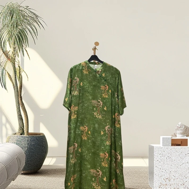 【凤凰于飞】新中式大码气质高档夏季时尚印花中长款改良旗袍