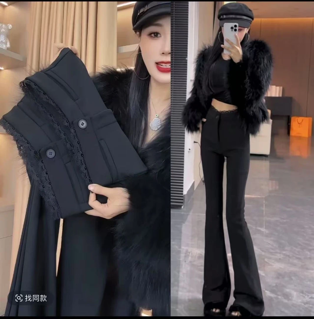 （加薄绒）蕾丝时尚百搭休闲微喇叭中高腰显瘦修身垂感西装黑色裤子