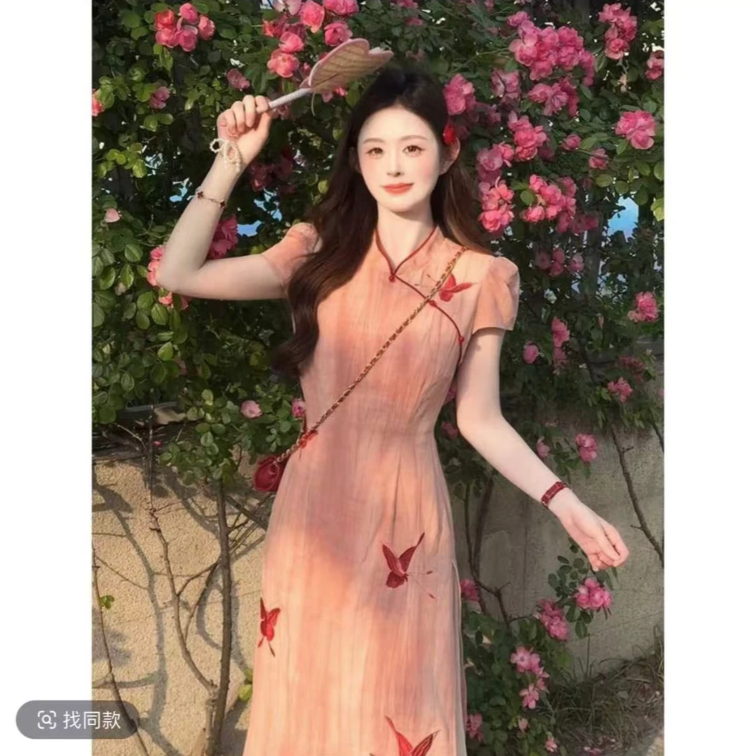 新中式国风粉色改良旗袍连衣裙女夏2025新款小个子高级感连衣裙女