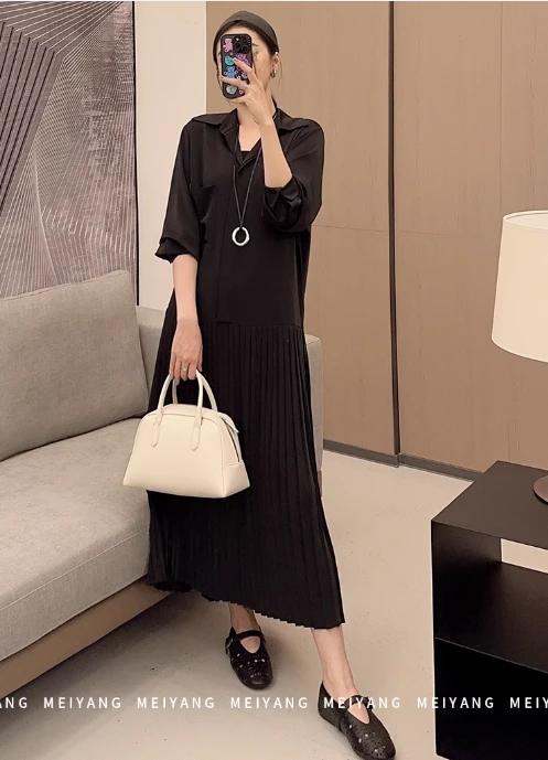 美洋MEIYANG变奏曲连衣裙 仿醋酸|衬衫上衣拼接压褶裙摆