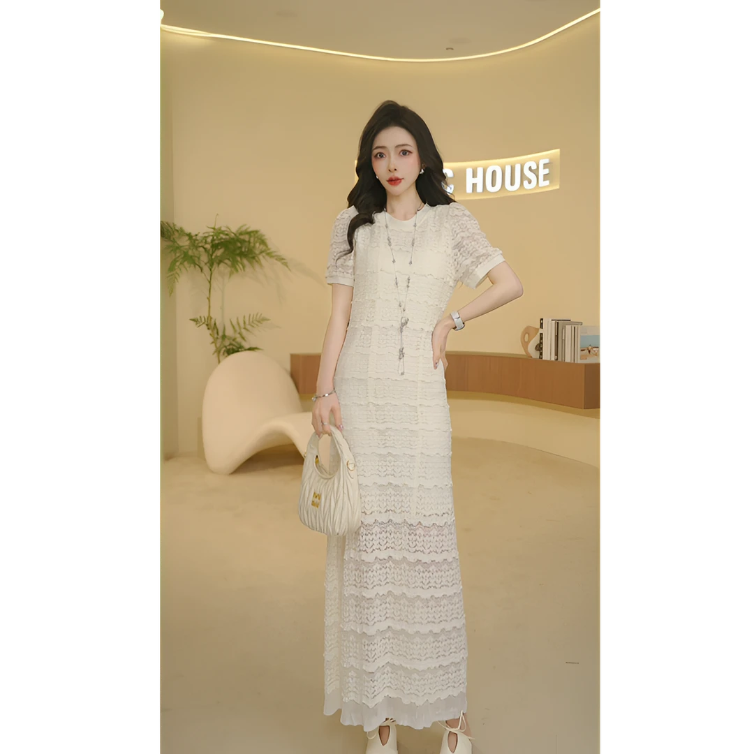 Basic House/百家好2025夏新款时尚气质轻奢法式花园风蕾丝连衣裙