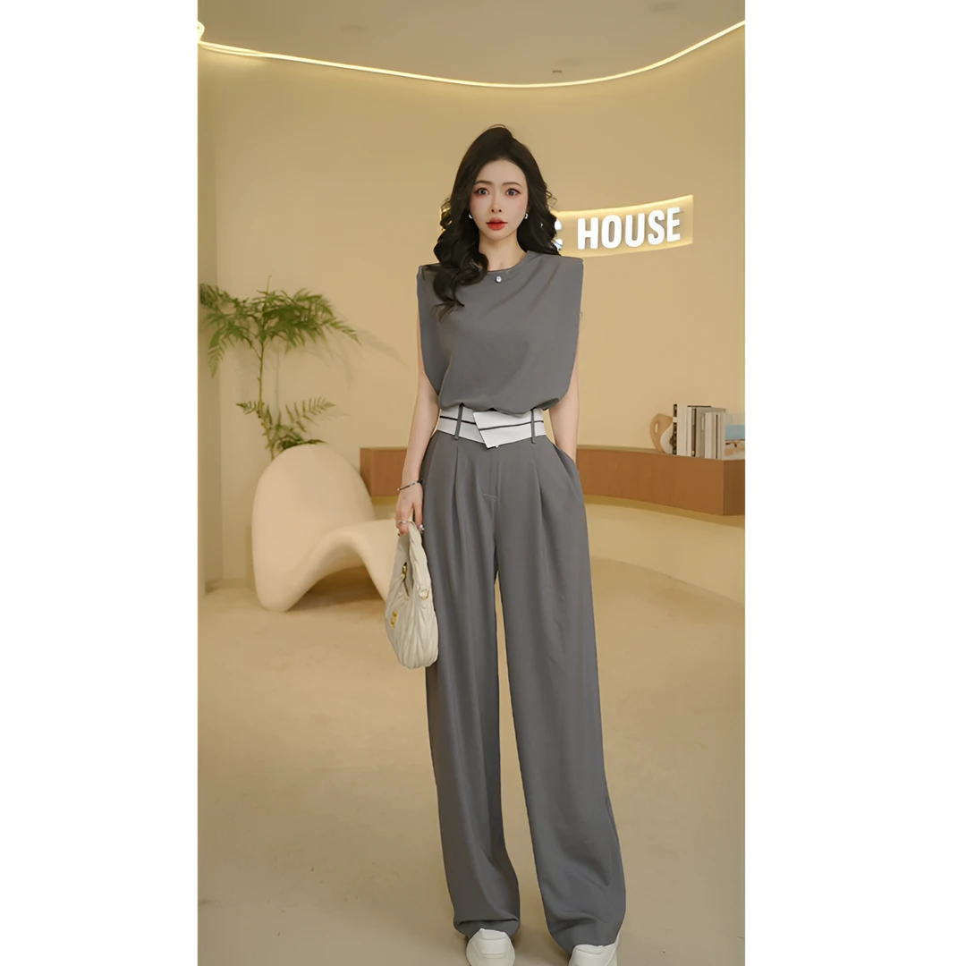 Basic House/百家好夏季气质减龄显瘦设计师感无袖阔腿裤两件套装