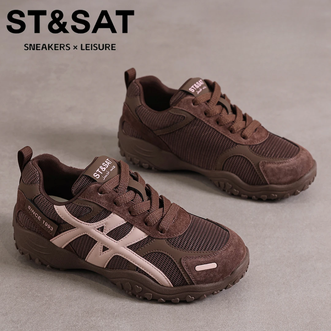 星期六真皮网面透气时尚休闲女鞋复古轻便拼色德训鞋爆款阿甘鞋女