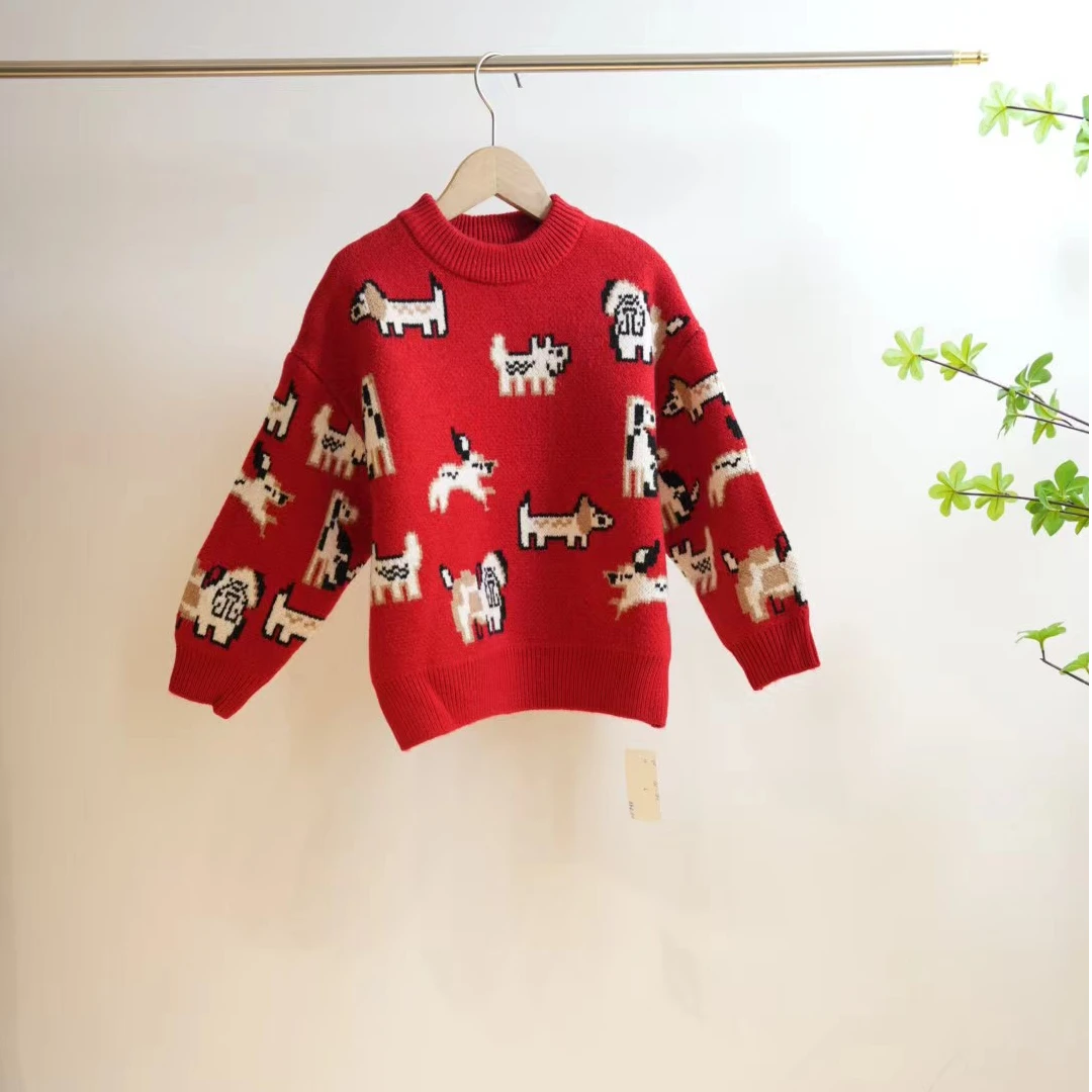 1-699-红色满印卡通狗狗提花儿童圆领毛衣