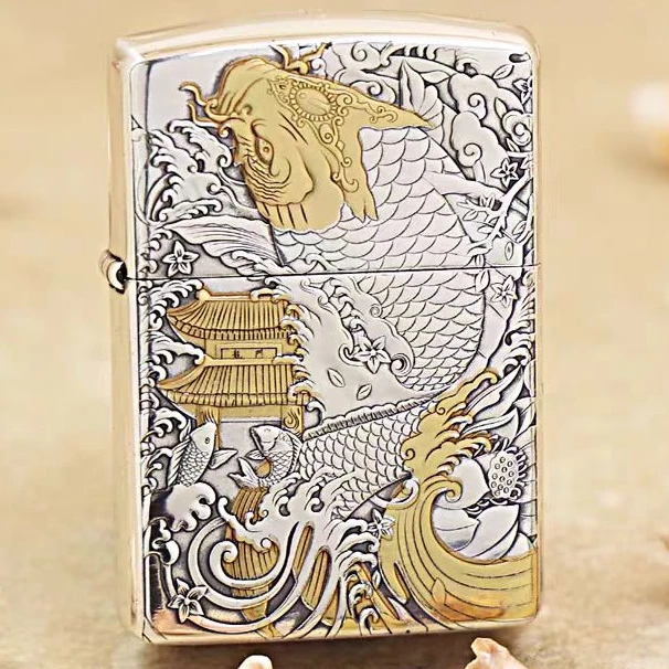 【CC】Zippo打火机镀银鎏金鱼跃龙门253DY9911FD