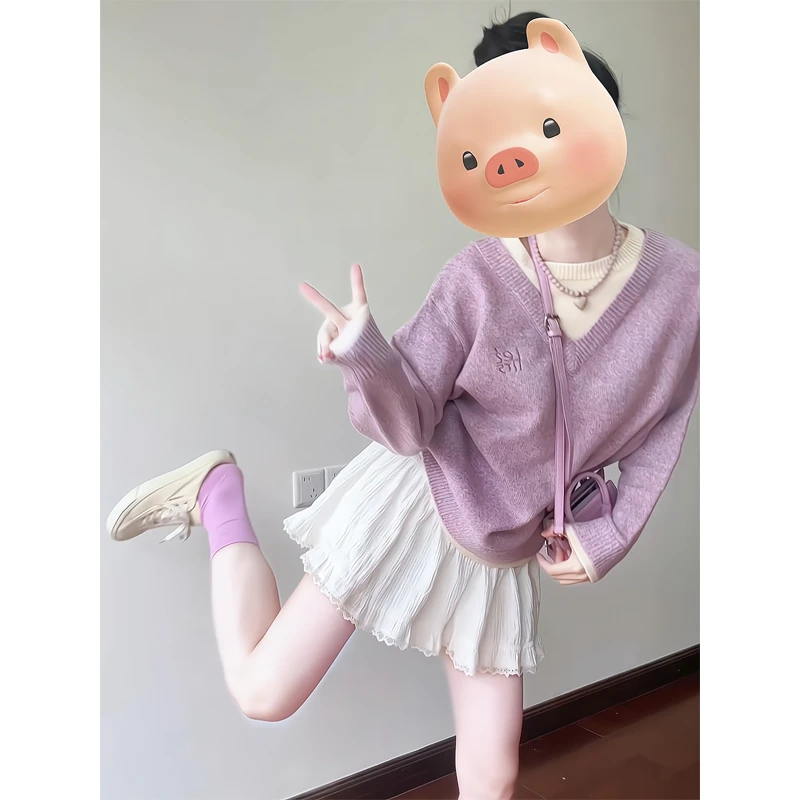 假两件设计花纱v领毛衣蕾丝荷叶花边半身裙芭蕾风高腰a字短裙裙裤