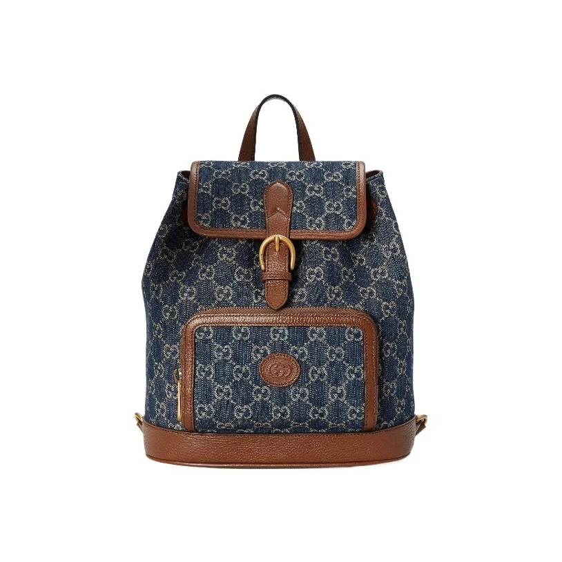 99新 GUCCI/古驰 蓝色拼皮双肩包