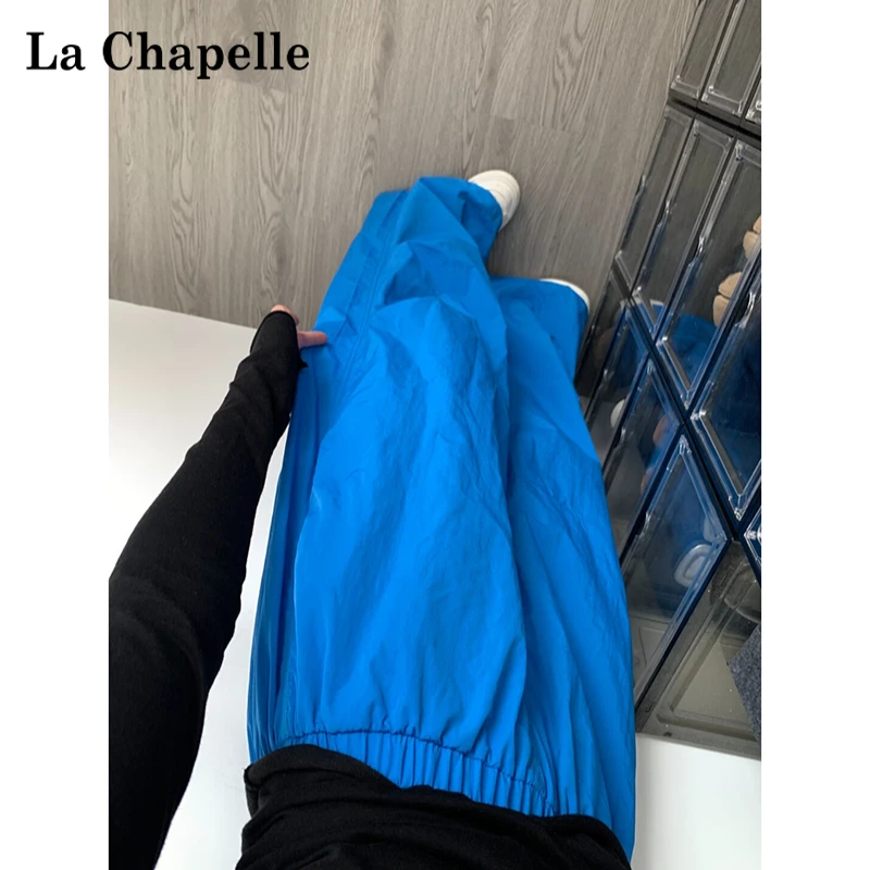 拉夏贝尔蓝色速干运动工装裤秋季痞帅炸街潮流女款休闲拖地阔腿裤