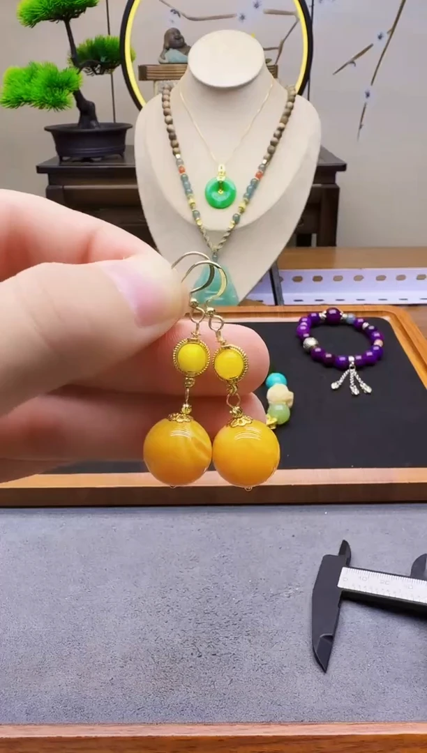 蜜蜡14K金镶嵌耳饰E155
