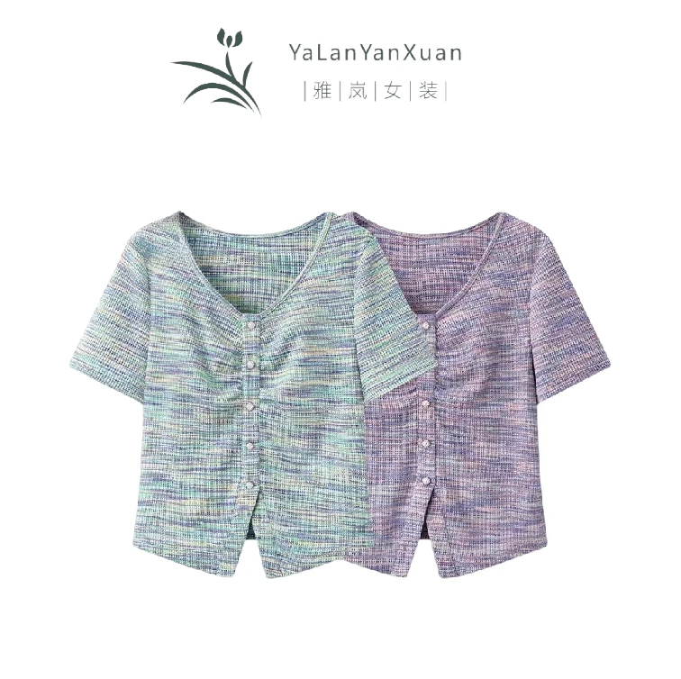 【雅岚女装】时尚洋气显瘦渐变色夏季夏季气质领短袖T恤设计感女