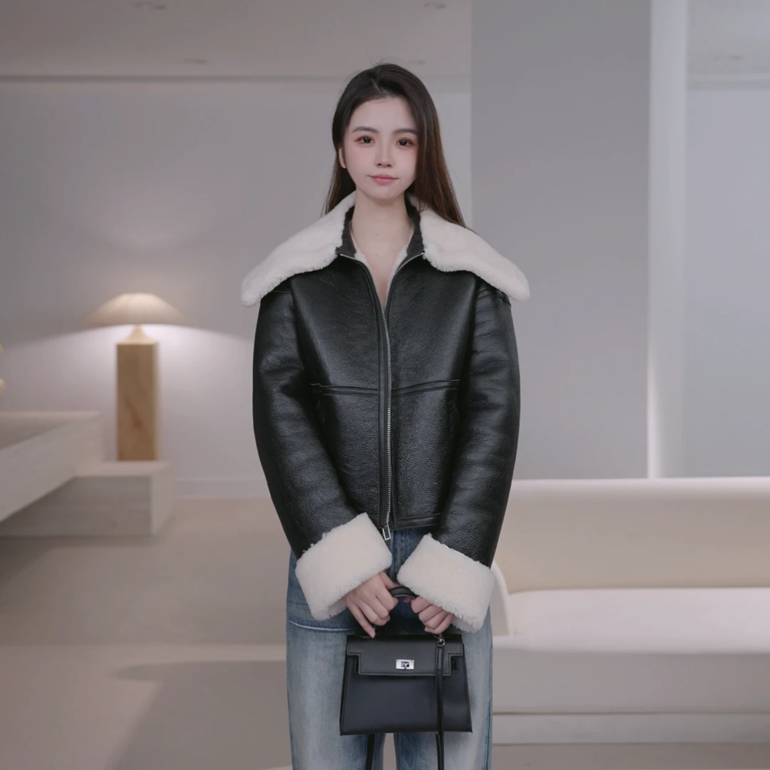 西班牙进口美利奴皮毛一体皮草外套女短款海宁2025年新款冬羊羔毛