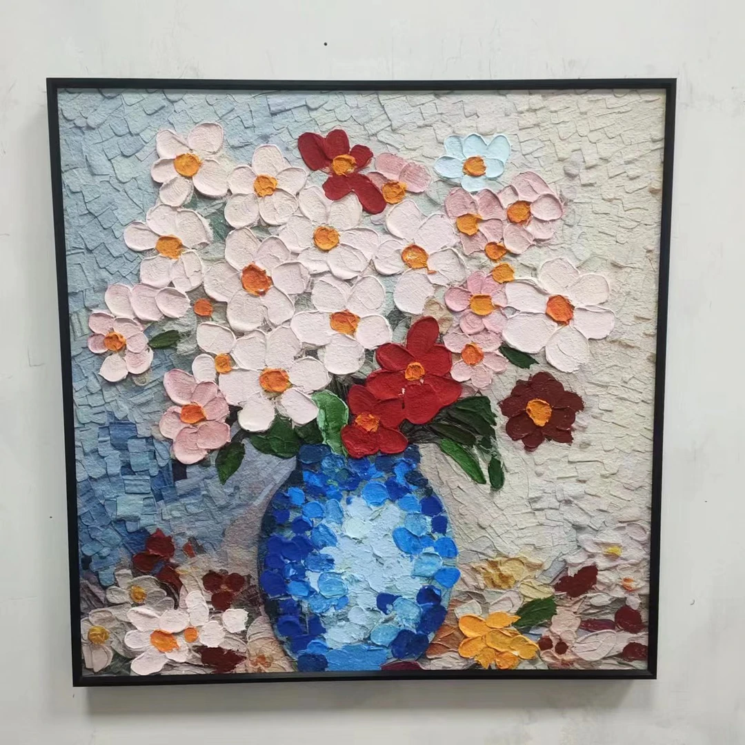 手工砂岩画现代简约玄关装饰幸福花沙发墙背景蓝色花卉瓶平安富贵