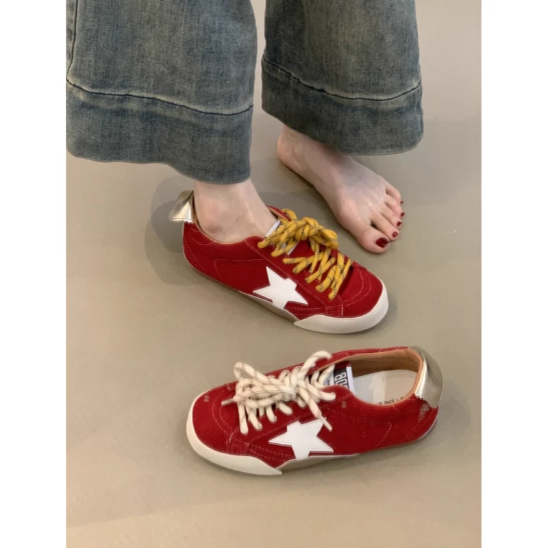 增高版！复古做旧星星小脏鞋女2025新款圆头系带百搭休闲阿甘板鞋