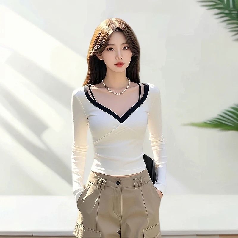 v领打底衫春装2025年新款女装爆款长袖t恤设计感独特别致短款上衣