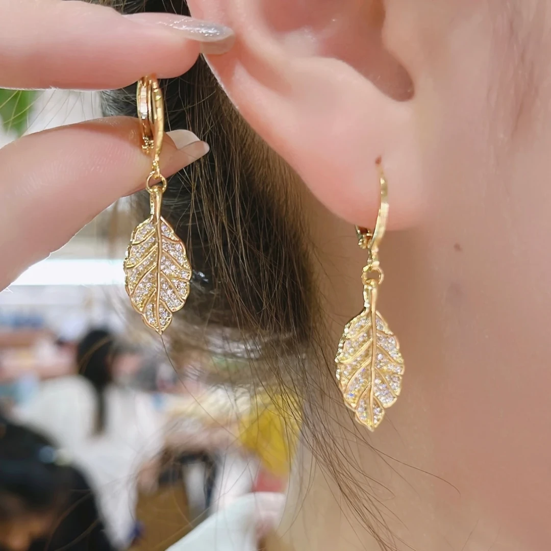925银针合成锆石耳饰 树叶精致百搭小巧金枝玉叶耳环 E-31