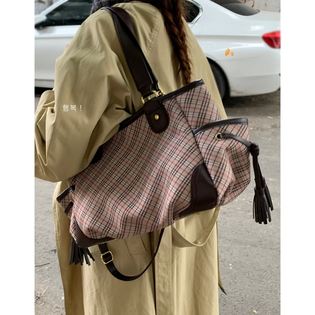 中古格子包包女款爆款2025新款时尚美拉德复古托特包大容量单肩包