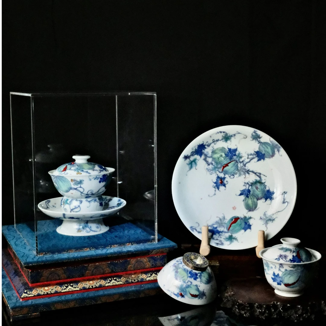 【器度甄选】景德镇六逸堂 青花斗彩 富甲天下西瓜纹系列 茶器复古