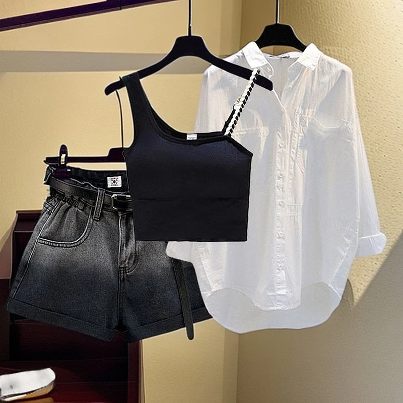 夏季套装女2025新款洋气衬衫上衣大码胖mm显瘦吊带牛仔短裤三件套