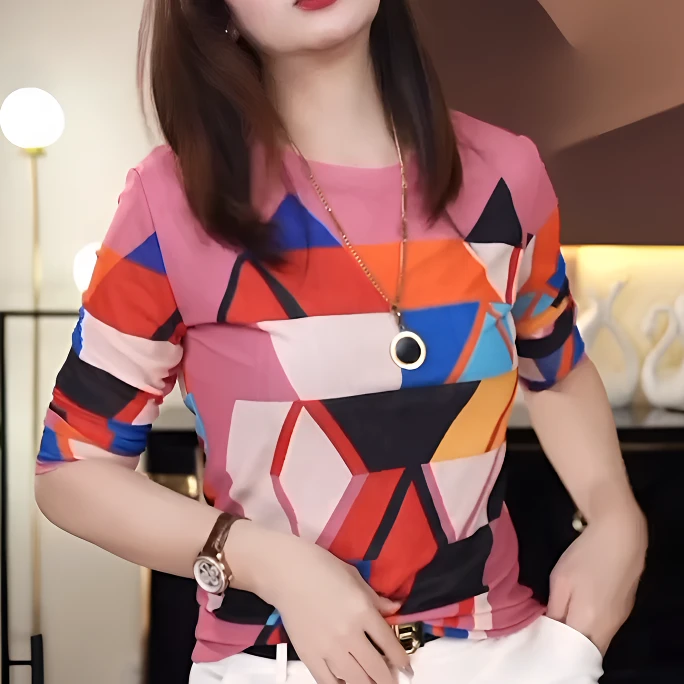 2025春夏季洋气衣服女修身显瘦网纱防晒小衫潮流几何图案百搭上衣