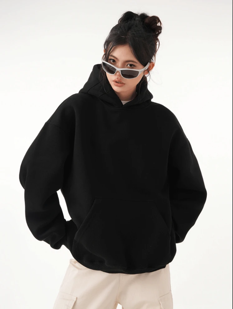 重磅黑色简约连帽卫衣秋季潮牌宽松高级感纯色上衣