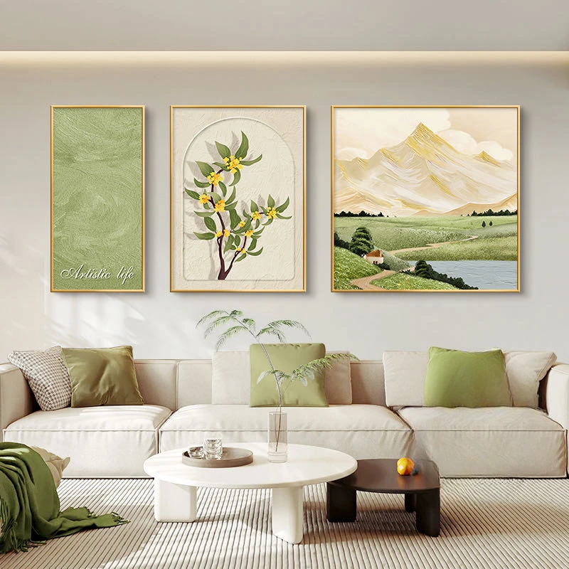 奶油风客厅装饰画日照金山沙发背景墙挂画现代简约山水画三联壁画